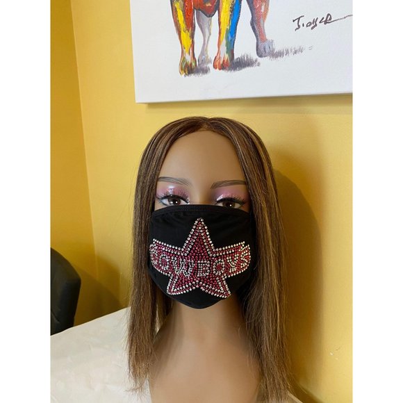 Dallas COWBOYS Pink Bling Rhinestone Face Mask - Picture 5 of 11